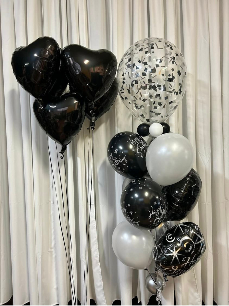 black heart balloons with bouquet of confetti balloons black and silver birthday balloons17