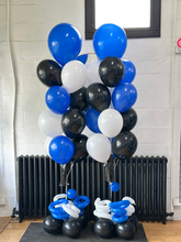 Load image into Gallery viewer, squiggle balloon bouquet with black blue white balloons