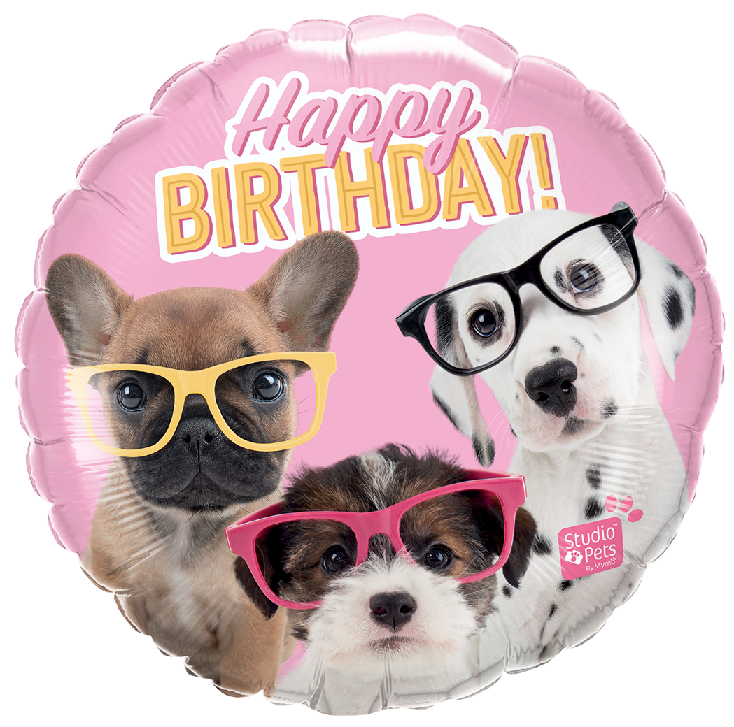 Puppy with Glasses Happy Birthday Mylar - Studio Pets