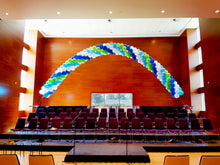 Load image into Gallery viewer, Blue, green and white helium 40ft balloon arch created by Vancouver Balloons