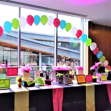 Load image into Gallery viewer, rose, spring green, carribean blue and white pearl string helium balloon arch by Vancouver Balloons