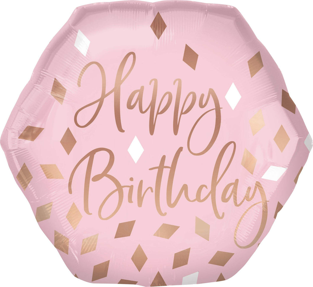 Pink balloon with 'Happy Birthday' text and gold patterns