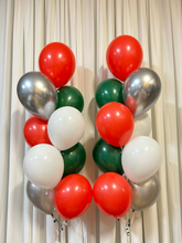 Load image into Gallery viewer, 2 balloon bouquets of 9 with red green silver white balloons
