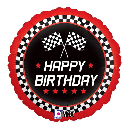 A round Happy Birthday foil balloon with a checkered flag design in black, red, and white colors.