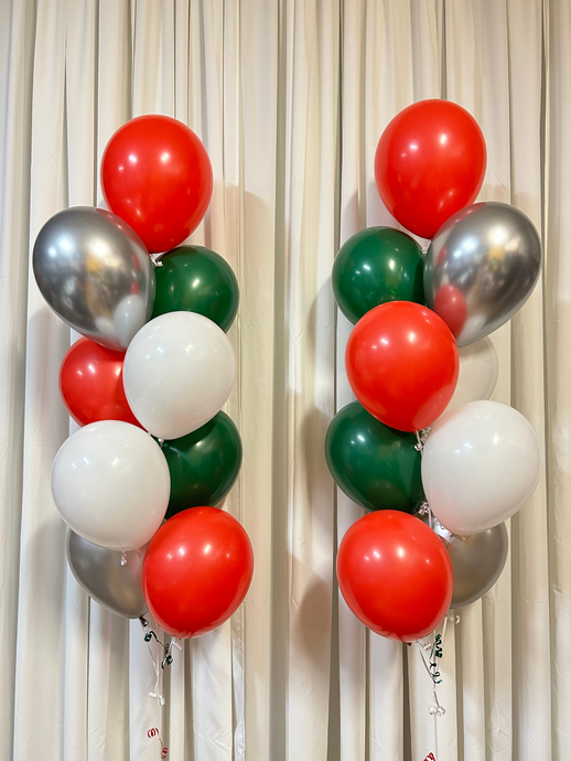 2 balloon bouquets of 9 with red green silver balloons
