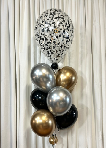 confetti balloon with gold silver and black balloons