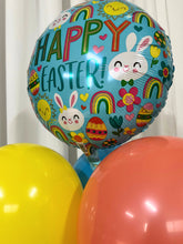 Load image into Gallery viewer, A vibrant Easter balloon bouquet featuring pastel latex balloons in yellow, peach, pink, white, and blue, topped with a festive &quot;Happy Easter&quot; foil balloon.
