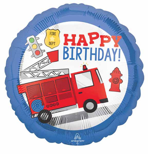 Fire truck-themed birthday balloon with 'Happy Birthday!' text and fire department symbols.