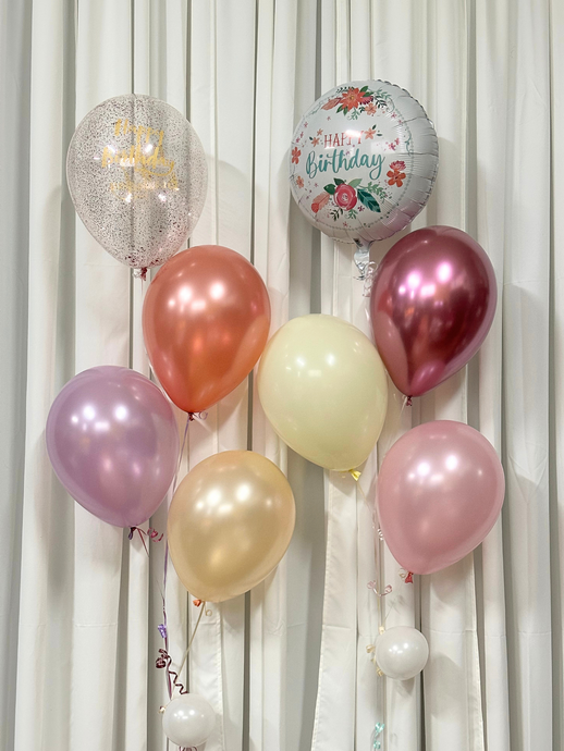 floral mylar foil balloon with happy bday brush script balloon