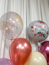 Load image into Gallery viewer, watercolor floral mylar foil balloon and glitter birthday script balloon
