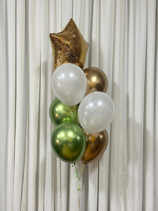 glitter star foil balloon with gold green and pearl white balloons