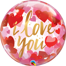 Load image into Gallery viewer, bubble balloon with i love you in gold and  pink and red hearts
