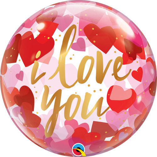 bubble balloon with i love you in gold and  pink and red hearts