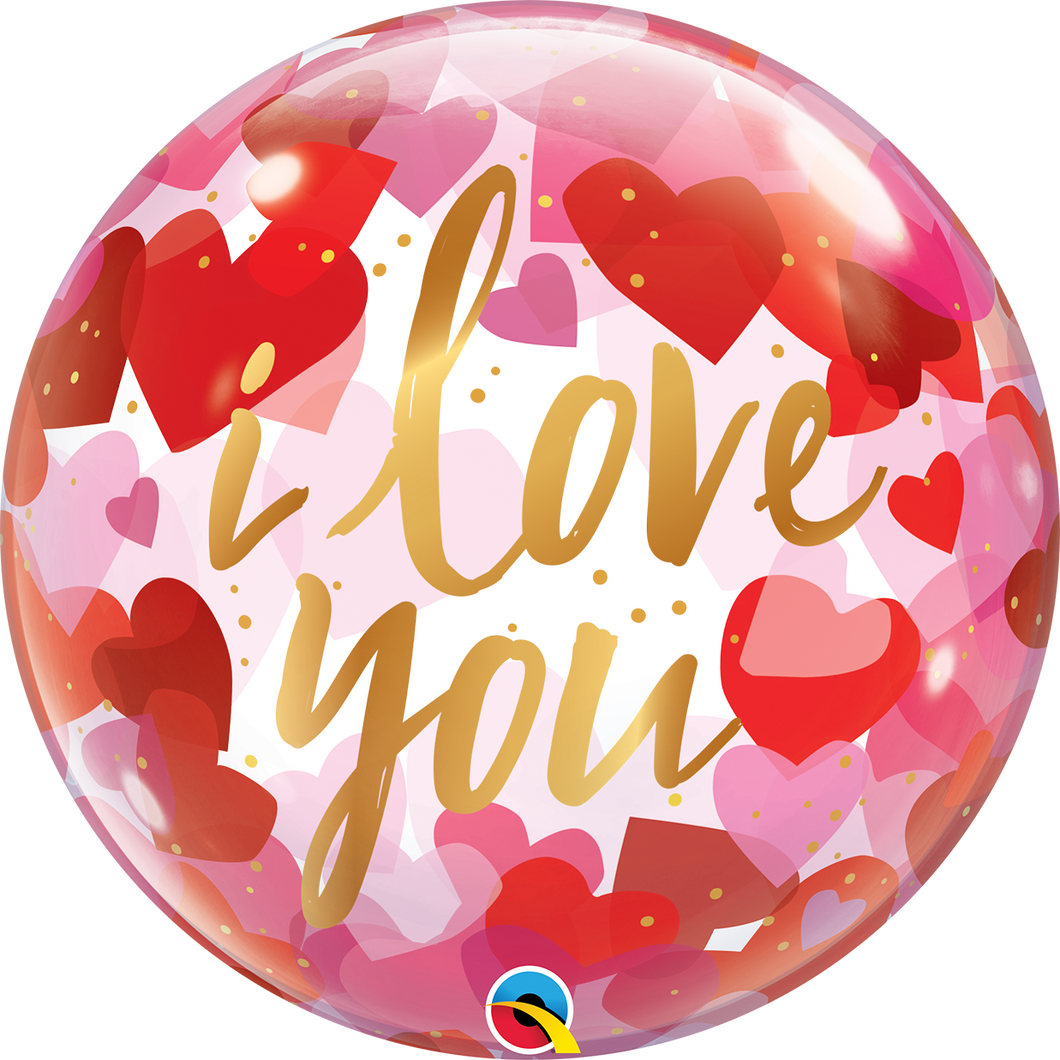 bubble balloon with i love you in gold and  pink and red hearts