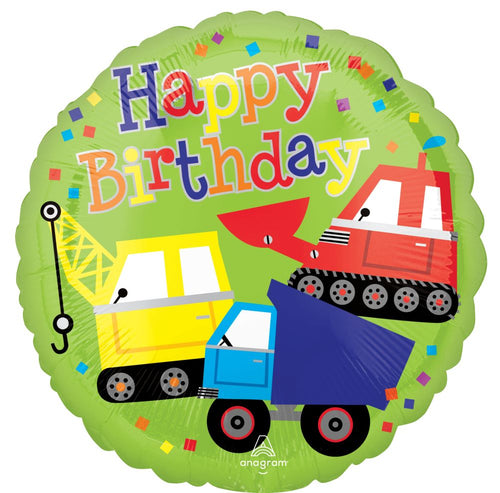Colorful birthday balloon with construction trucks and 'Happy Birthday' text on a green background.