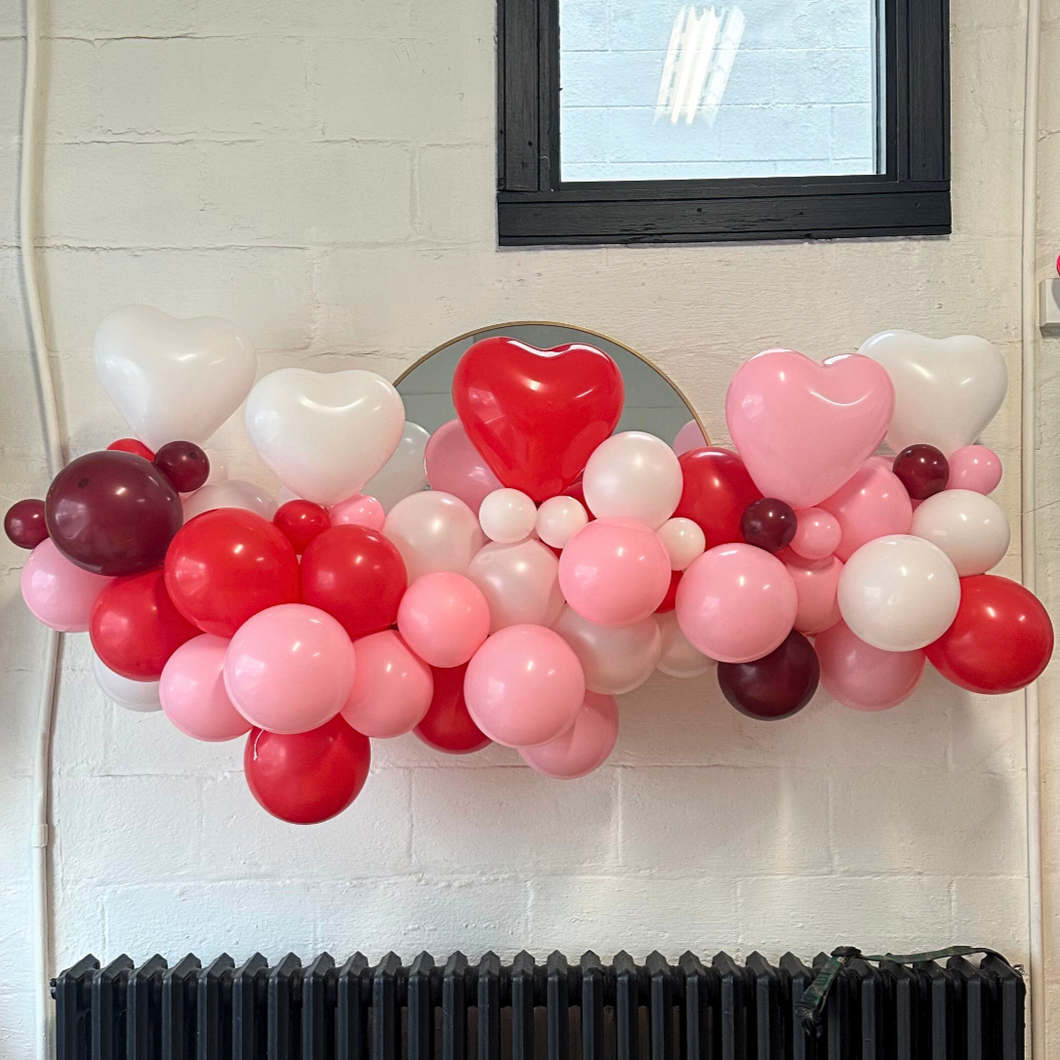 organic balloon garland with red pink white hearts 