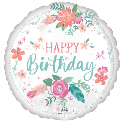 white happy birthday foil balloon with flora design