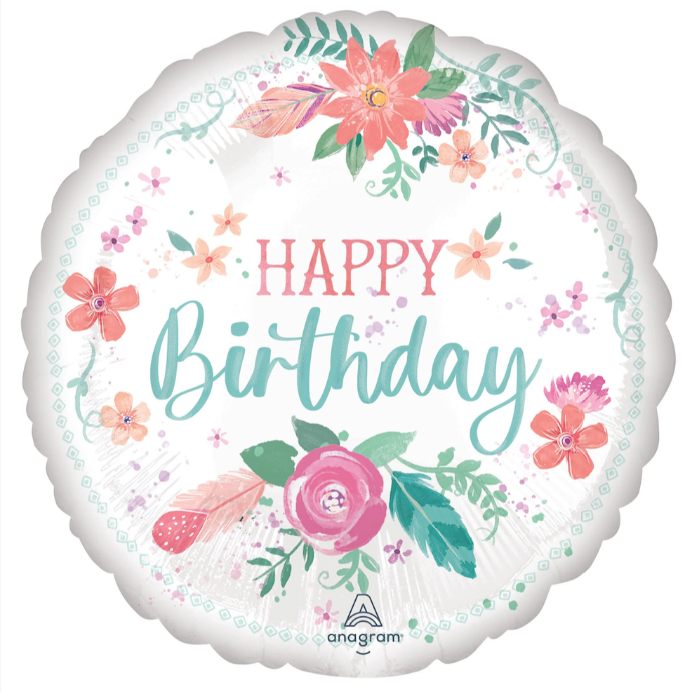white happy birthday foil balloon with flora design