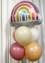 Load image into Gallery viewer, A bouquet of balloons featuring a boho rainbow supershape balloon in multiple colors, along with clay pink, desert sand, white sand, rosewood, and retro white 12-inch latex balloons.
