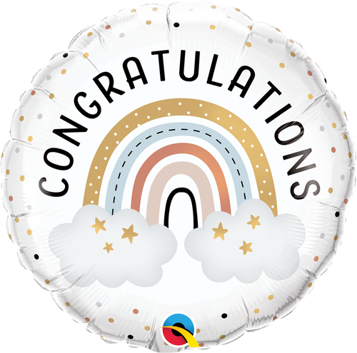 A round balloon with a boho rainbow design, featuring the word 'CONGRATULATIONS' written across the center, surrounded by gold dots, a rainbow, and clouds.