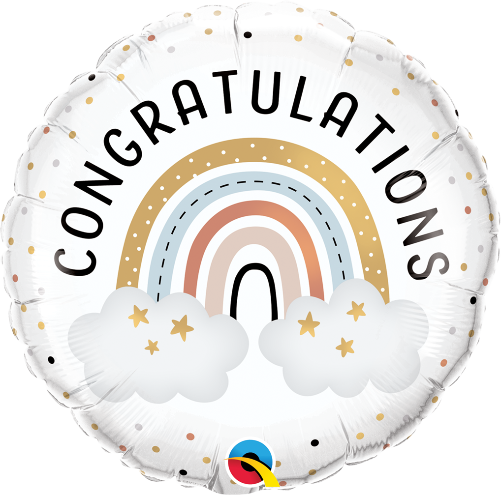 A round balloon with a boho rainbow design, featuring the word 'CONGRATULATIONS' written across the center, surrounded by gold dots, a rainbow, and clouds.