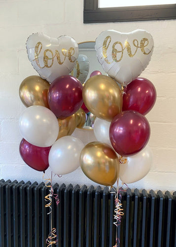 balloon bouquet with love mylar balloon burgundy, gold and white latex balloons