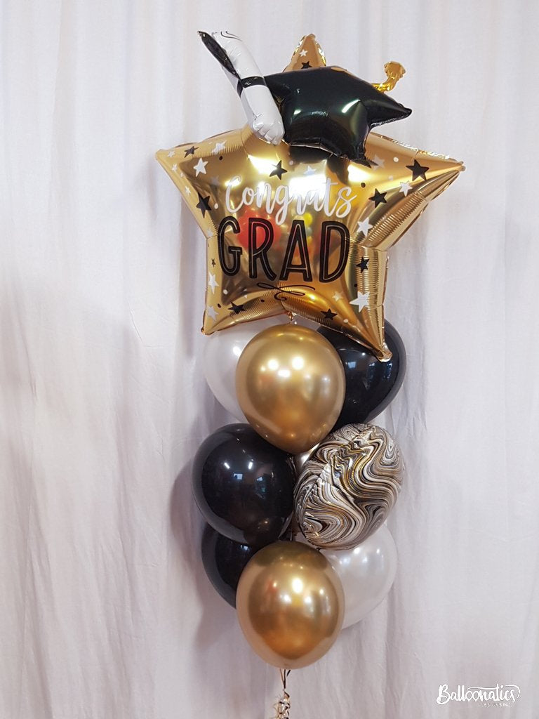 grad star supershape balloon with gold black pearl white latex balloons
