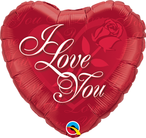 A red heart-shaped balloon with white 