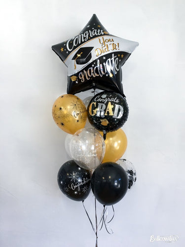 graduation balloon package with star supershape balloon and black and gold latex balloons