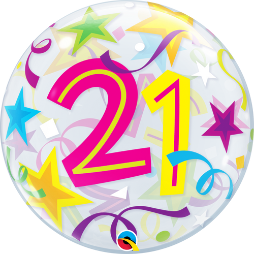 21th Birthday Bubble Balloon with Brilliant Stars & Ribbons