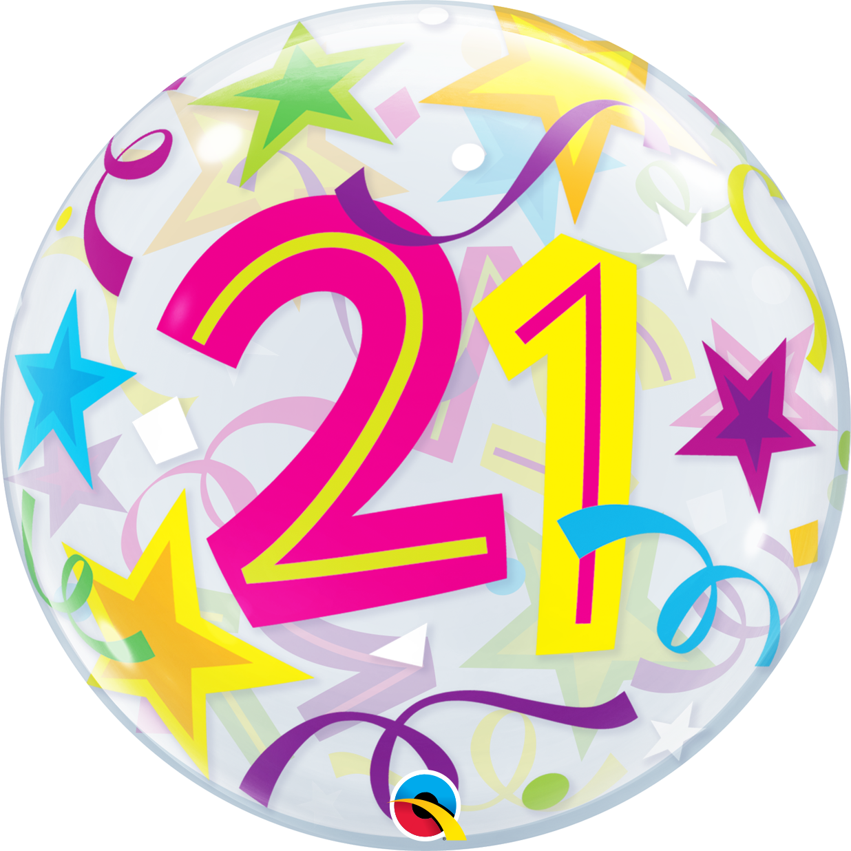 21th Birthday Bubble Balloon with Brilliant Stars & Ribbons