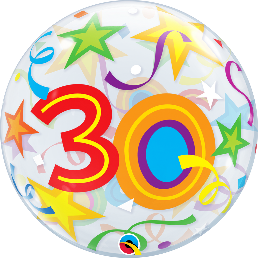 30th Birthday Bubble Balloon with Brilliant Stars & Ribbons