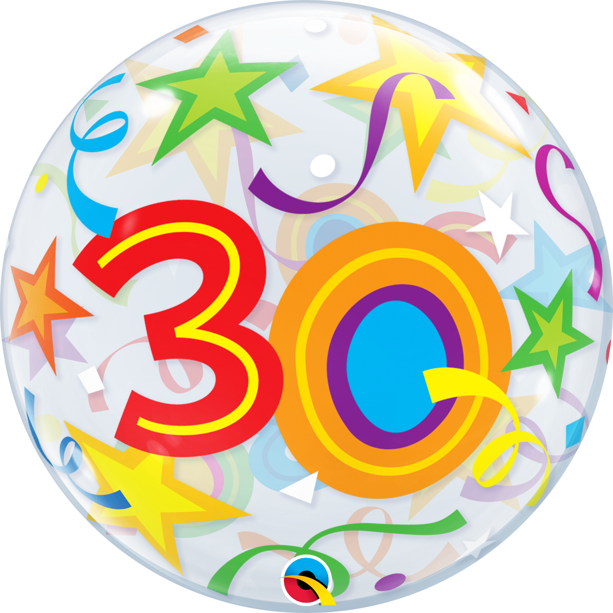 30th Birthday Bubble Balloon with Brilliant Stars & Ribbons