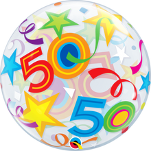 Load image into Gallery viewer, 50th Birthday Bubble Balloon with Brilliant Stars &amp; Ribbons
