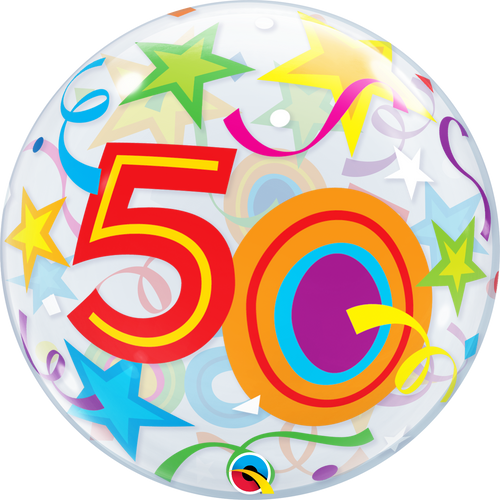 50th Birthday Bubble Balloon with Brilliant Stars & Ribbons