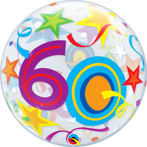 60th Birthday Bubble Balloon with Brilliant Stars & Ribbons
