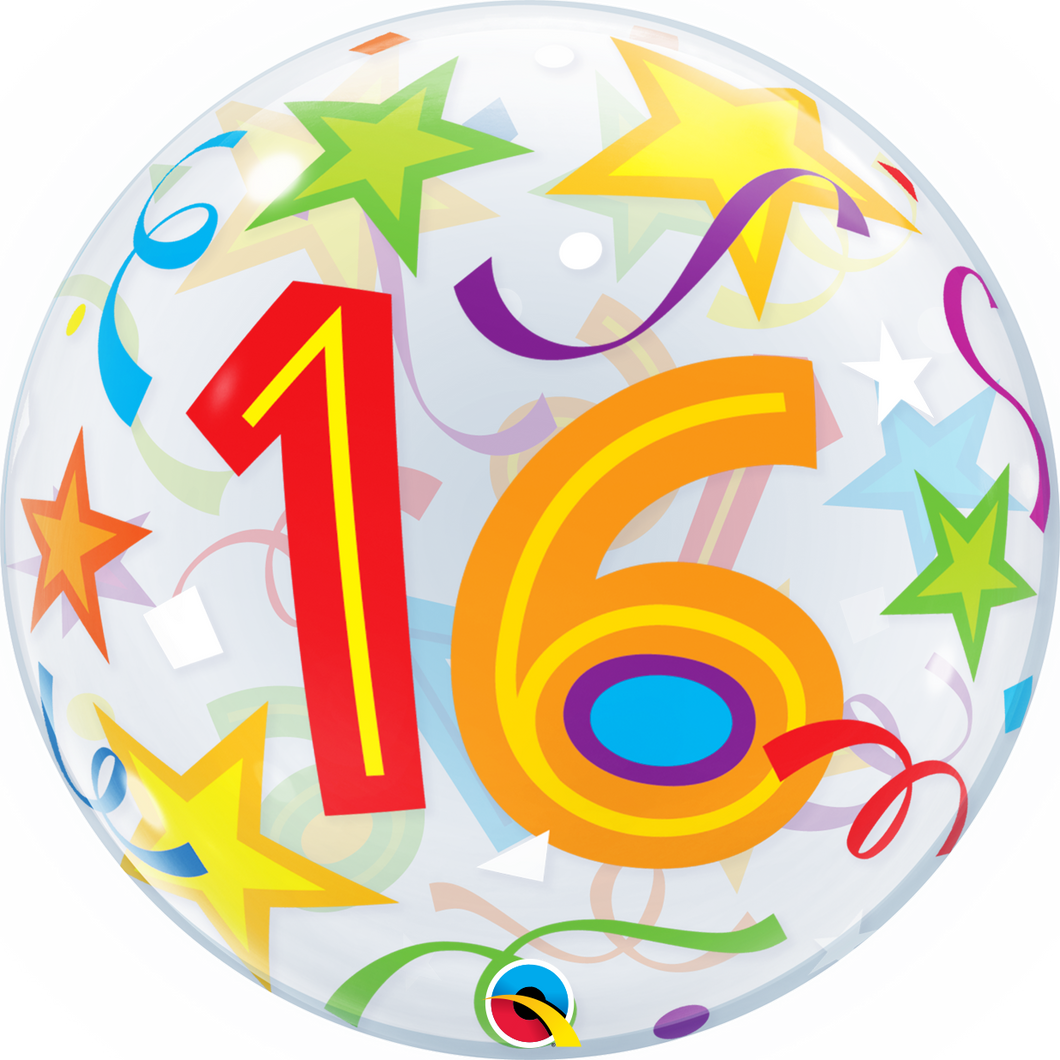 16th Birthday Bubble Balloon with Brilliant Stars & Ribbons