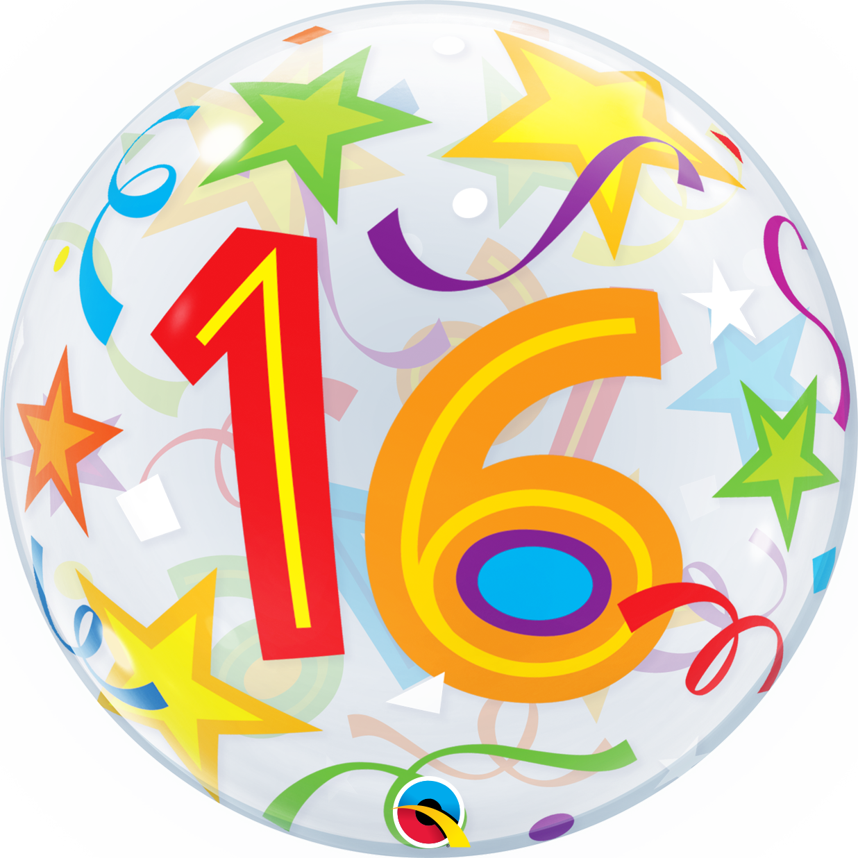 16th Birthday Bubble Balloon with Brilliant Stars & Ribbons