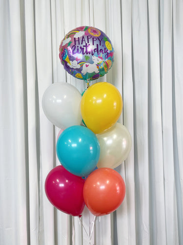 unicorn foil birthday balloon with latex balloons underneath
