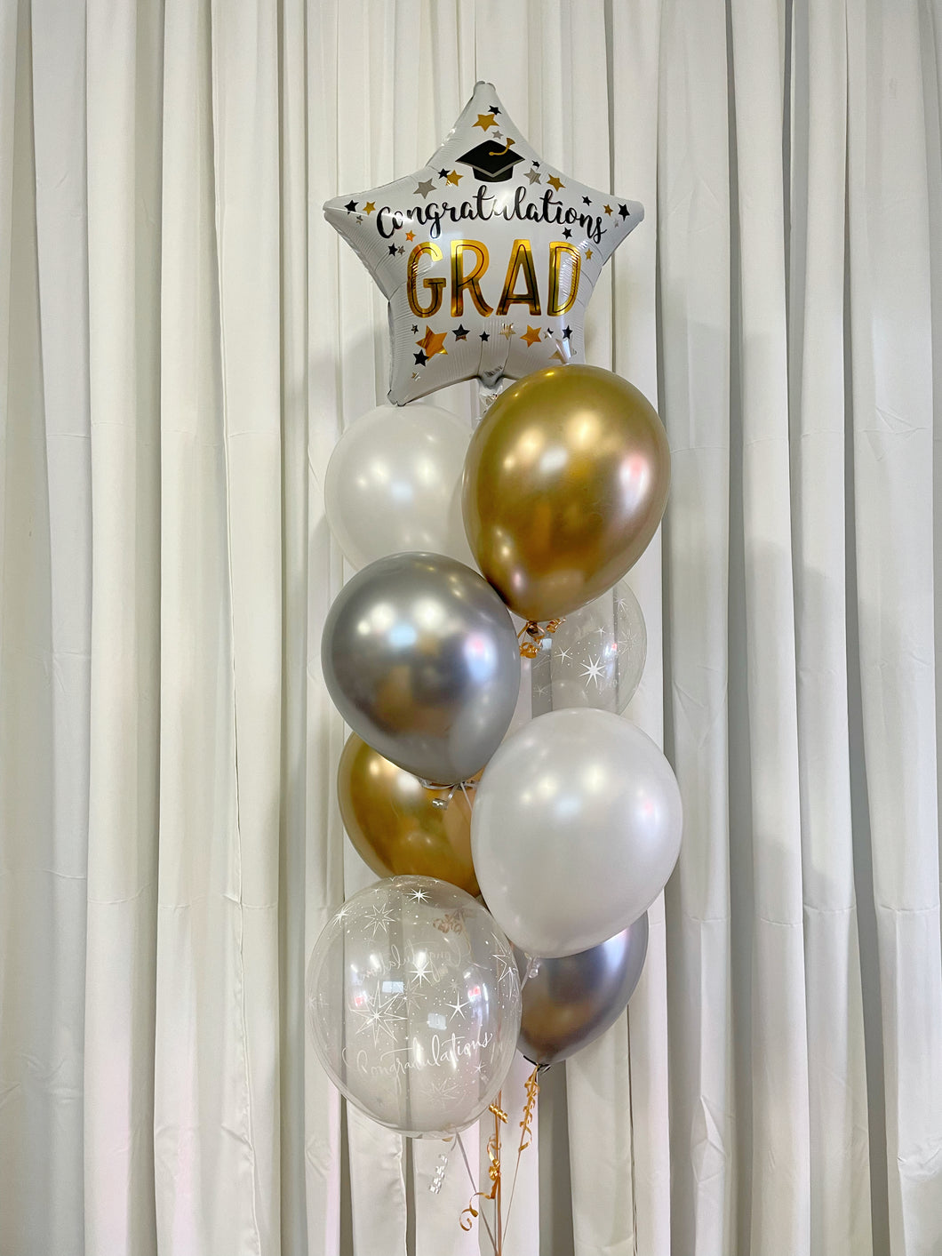 white congrats grad star foil balloon with gold pearl white silver and clear balloons